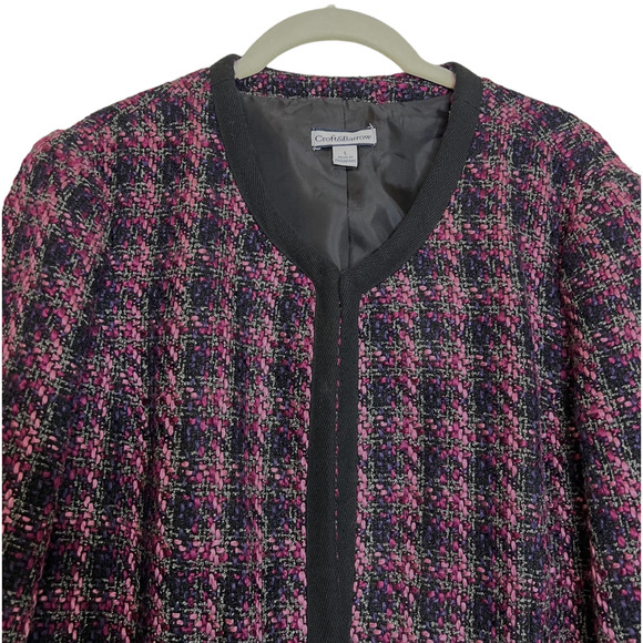 Croft & Barrow Womens Blazer Jacket Large Black Pink Nubby Open Front Tweed - Picture 2 of 6